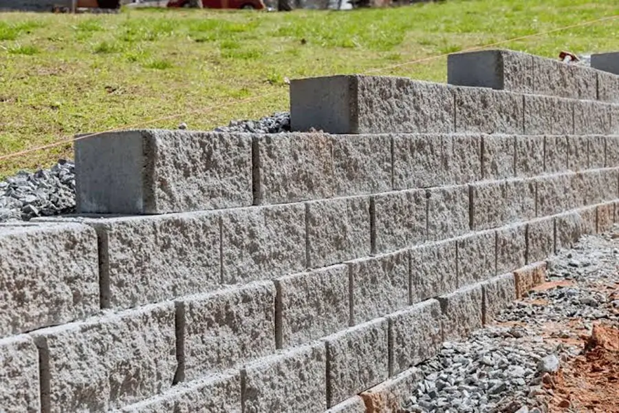 The image shows a newly built concrete block retaining wall installed along a sloped yard. The wall is structured in clean, even rows with gravel backfill, designed to hold soil in place and prevent erosion.