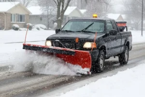 Snow plow truck clearing residential street during heavy snowfall in Omaha, improving winter access and safety with professional snow plowing service