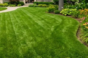 A well-maintained lawn with lush, even grass and clean landscaping, showing the results of proper lawn care and healthy soil conditions.