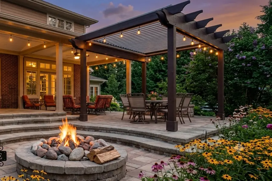 Custom paver patio with pergola and fire pit in Omaha backyard outdoor living space