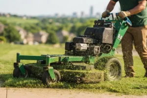 Professional lawn maintenance service mowing a healthy residential lawn in Omaha, NE with commercial-grade equipment for seasonal lawn care and turf maintenance.