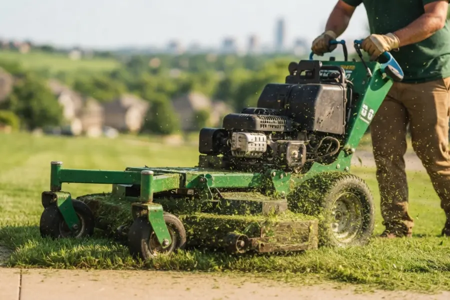 Professional lawn maintenance service mowing a healthy residential lawn in Omaha, NE with commercial-grade equipment for seasonal lawn care and turf maintenance.