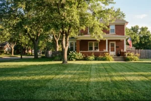 A healthy residential landscape in Omaha, NE, featuring lush green grass, mature shade trees, vibrant landscape beds, and well-maintained plants that showcase professional landscaping and ongoing outdoor care.