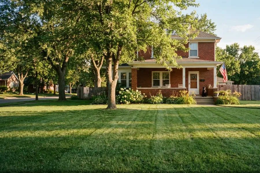 A healthy residential landscape in Omaha, NE, featuring lush green grass, mature shade trees, vibrant landscape beds, and well-maintained plants that showcase professional landscaping and ongoing outdoor care.