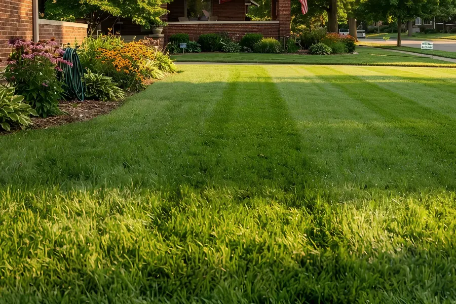 A healthy, freshly maintained green lawn in a residential Omaha neighborhood, surrounded by landscaped flower beds and mature trees.
