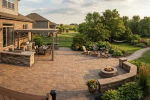 Spacious paver patio extension with outdoor kitchen, dining area, fire pits, seating, and landscaped backyard.