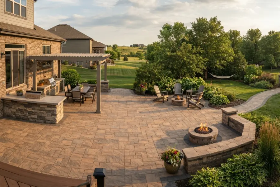 Spacious paver patio extension with outdoor kitchen, dining area, fire pits, seating, and landscaped backyard.