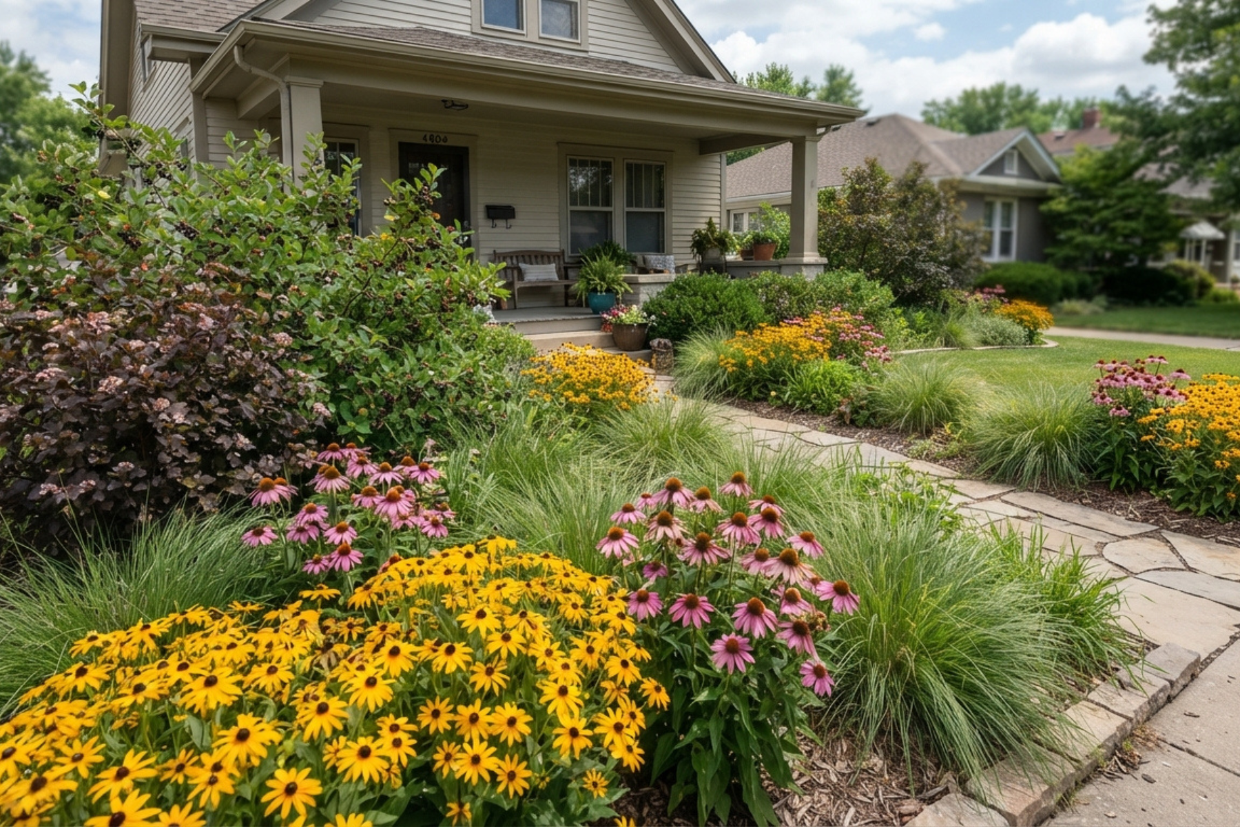 A pollinator garden of black-eyed Susans and coneflowers lines a stone walkway leading to a craftsman-style bungalow's front porch.