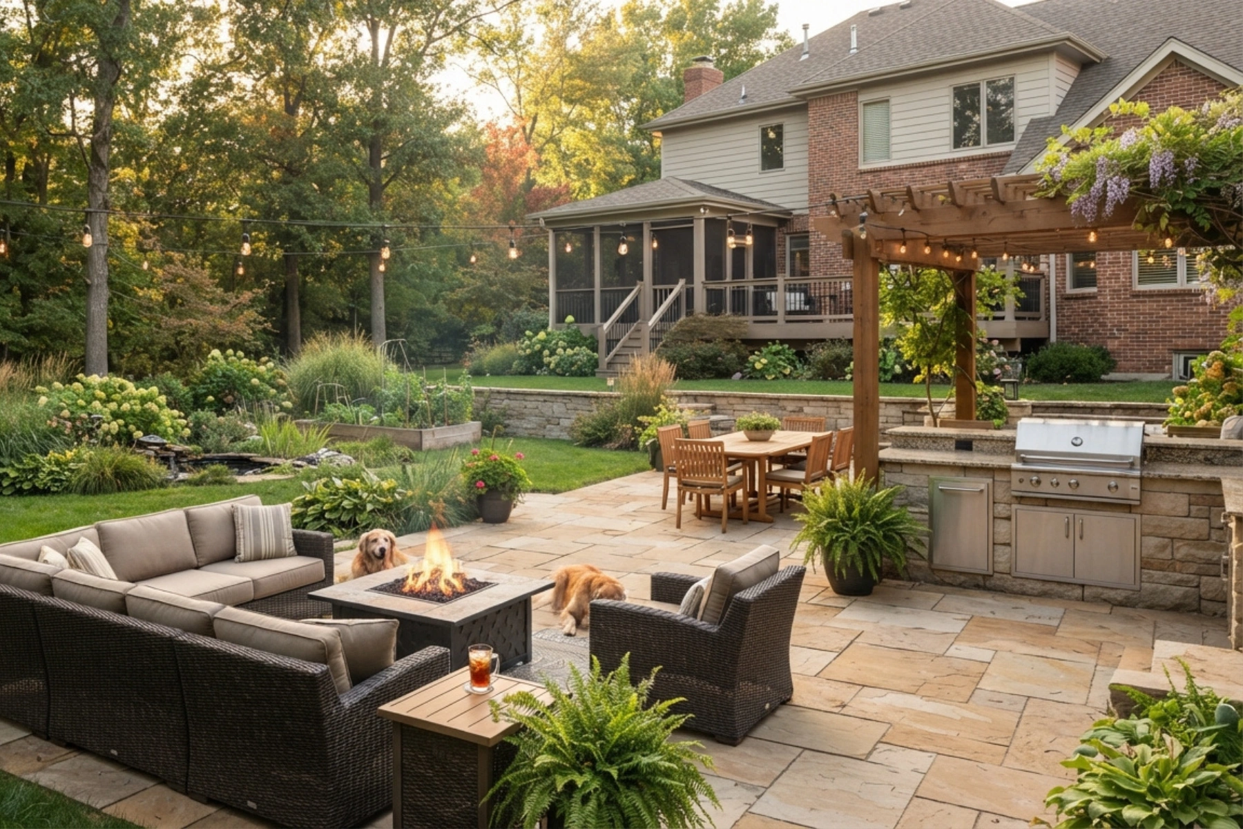 Two golden retrievers relax by a fire pit on a stone patio with wicker furniture, string lights, and an outdoor kitchen, with a brick house in the background.