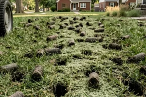 Freshly core-aerated residential lawn in Omaha, NE, showing soil plugs and aeration holes that help reduce soil compaction and promote healthier grass growth.