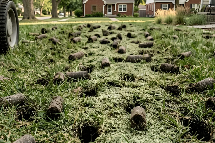 Freshly core-aerated residential lawn in Omaha, NE, showing soil plugs and aeration holes that help reduce soil compaction and promote healthier grass growth.