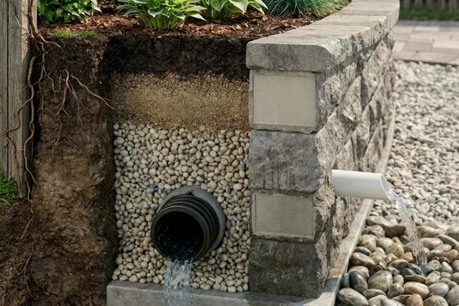 Retaining wall drainage system in Omaha, NE, showing gravel backfill, exposed soil, and drainage pipes releasing water to prevent pressure buildup and wall damage.