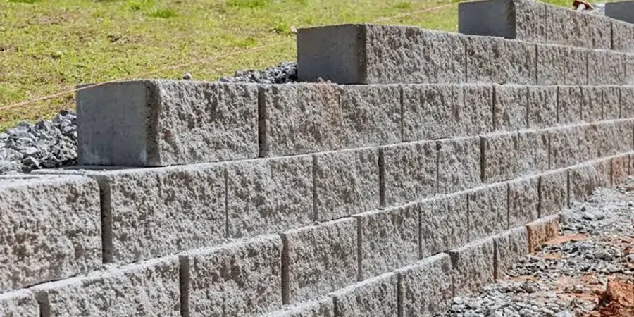 The image shows a newly built concrete block retaining wall installed along a sloped yard. The wall is structured in clean, even rows with gravel backfill, designed to hold soil in place and prevent erosion.