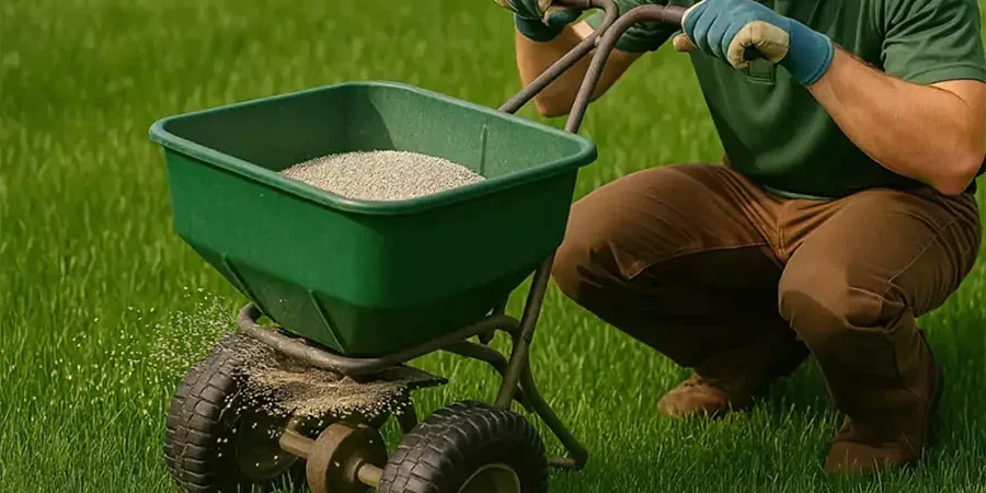 Lawn care professional using a broadcast spreader to apply granular fertilizer on a lush green lawn.