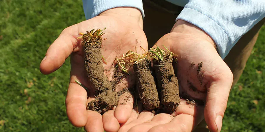 Close-up of hands holding lawn soil plugs after core aeration on a healthy green lawn in Omaha, NE – promoting spring lawn care and aeration services.